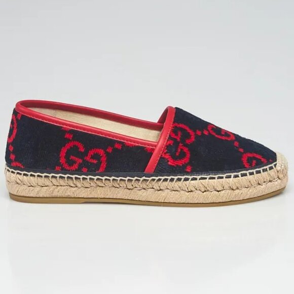Gucci GG Logo Pilar Jute Espadrille Flat Blue Red Velvet - Picture 3 of 5